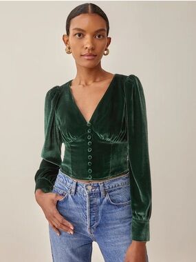 Reformation Women's Henning Green Velvet Button-Front Open Back Top Size 2